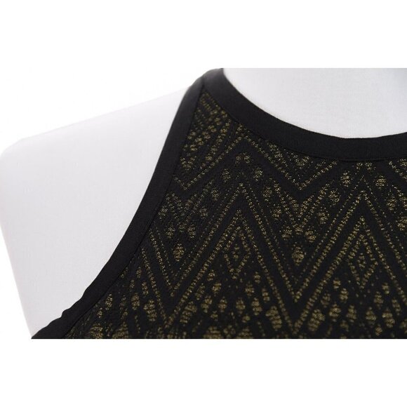 Parker Sz S Fit and Flare Black Gold Metallic Mini Dress Pleated Cut Out Back - Picture 6 of 12